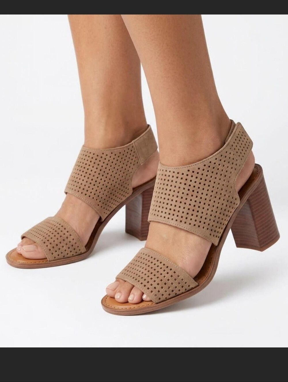 Franco Sarto Delores Perforated Suede Block Heel Sandals Taupe Size 7.5